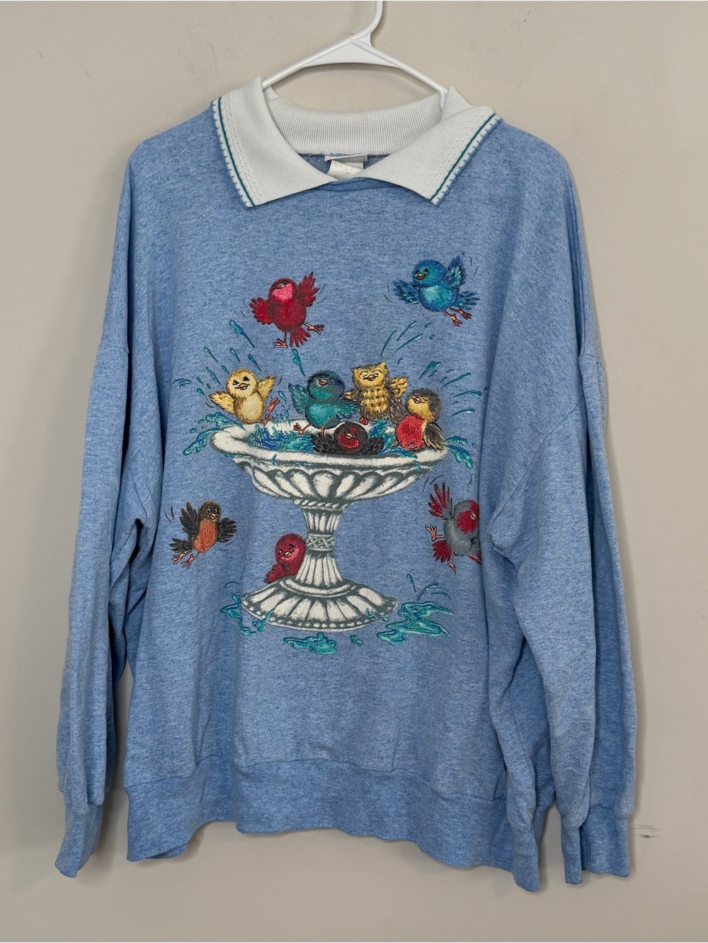 Vintage 90s Bird Bath Cottage Sweatshirt Blue Embroidered Birds Collared Pullove